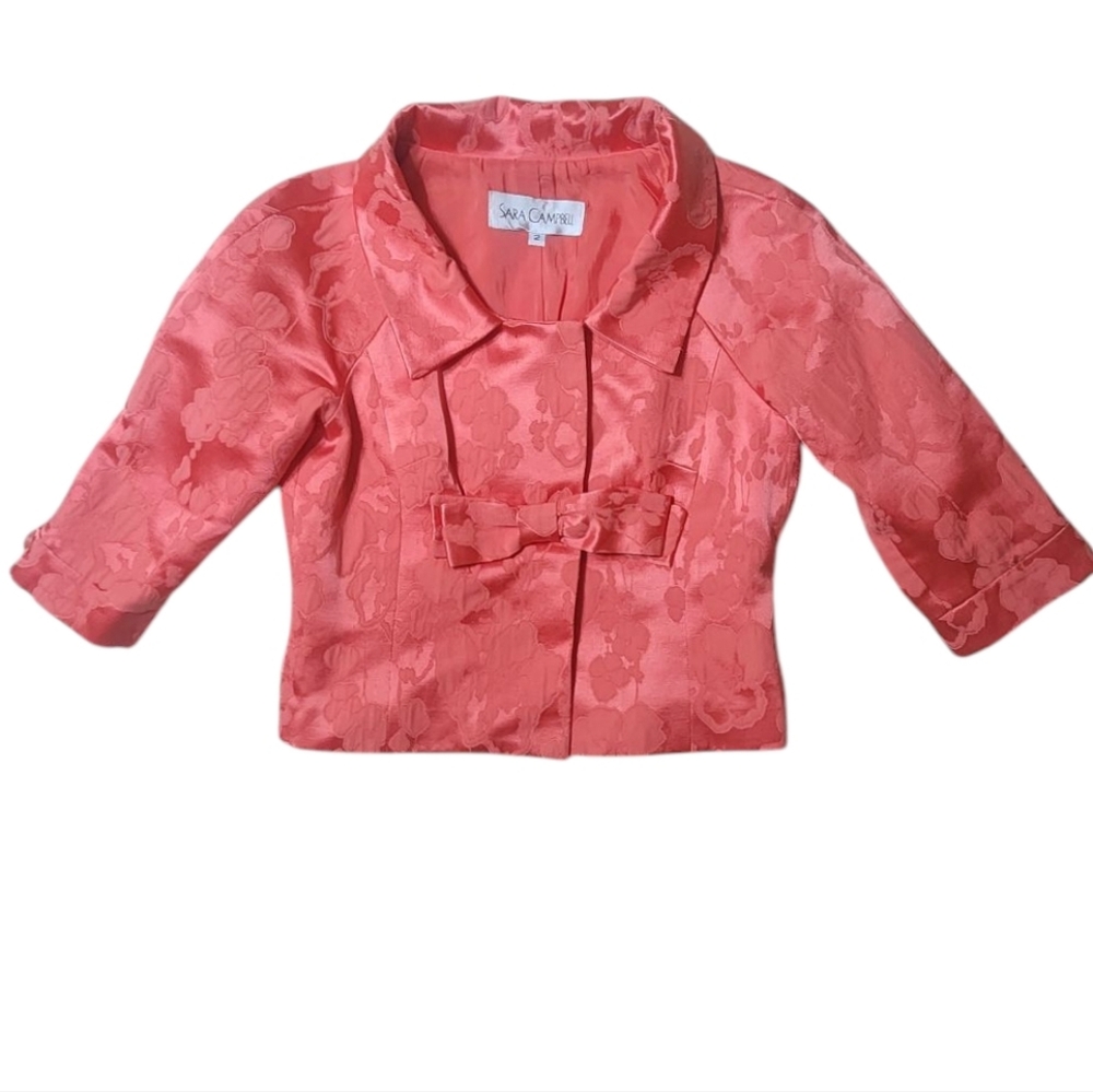Sara Campbell Floral Bow Crop Textured Romantic  Blazer Sz 2 Coral